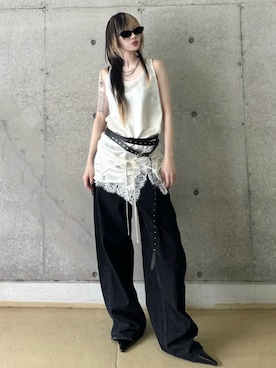 「JOSE MOON（ジョゼムーン）のOVAL DENIM PANTS/オーバルデニムパンツ（デニムパンツ、ブラック系）」を使った、JOSE MOONさん（レディース・159cm）の春コーディネート