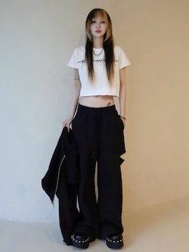 「JOSE MOON（ジョゼムーン）のMINIMUM LOGO TSHIRT with PEARL/ミニマムロゴTシャツウィズパール（Tシャツ/カットソー、ホワイト系）」を使った、JOSE MOONさん（レディース・159cm）の春コーディネート