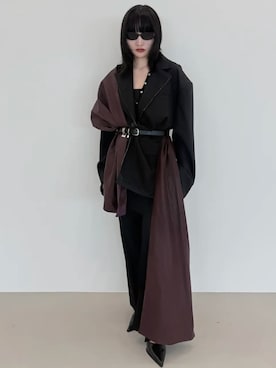 「JOSE MOON（ジョゼムーン）のCONTOUR FLARE SLACKS/コントアーフレアスラックス（スラックス、ブラック系）」を使った、JOSE MOONさん（レディース・159cm）の秋コーディネート
