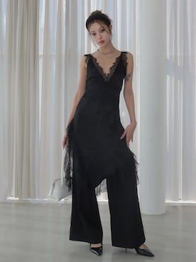 「JOSE MOON（ジョゼムーン）のTWO SIDE LACE DRESS/トゥーサイドレースドレス（ワンピース、ブラック系）」を使った、JOSE MOONさん（レディース・159cm）の春コーディネート