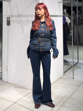 「SLY（スライ）のBELTED COMPACT DENIM JK ベルテッドコンパクトデニムジャケット 秋服 冬服（デニムジャケット、ブルー系）」を使った、永田紗也佳さん（レディース・156cm）の夏コーディネート