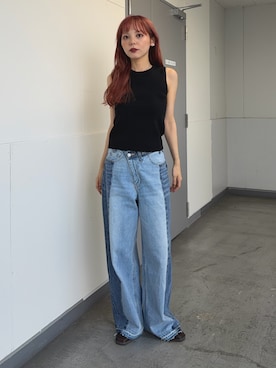 「SLY（スライ）のアイテム（パンツ）」を使った、永田紗也佳さん（レディース・156cm）の夏コーディネート
