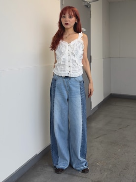 「SLY（スライ）のアイテム（パンツ）」を使った、永田紗也佳さん（レディース・156cm）の夏コーディネート