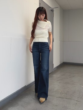 「SLY（スライ）のBIG COLLAR CROCHET TOPS ビッグカラークロシェトップス 春服 夏服 シアー メッシュ サマーニット（ニット/セーター、ホワイト系）」を使った、永田紗也佳さん（レディース・156cm）の夏コーディネート
