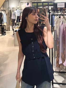 「SLY（スライ）のMULTI WAY 2P CUT TOPS マルチウェイツーピーカットトップス 春服 夏服 セット レイヤード（Tシャツ/カットソー、ブルー系）」を使った、永田紗也佳さん（レディース・156cm）の春コーディネート