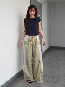 「SLY（スライ）のONE SHOULDER S. TOPS ワンショルダーエスドットトップス 春服 夏服（Tシャツ/カットソー、ブルー系）」を使った、永田紗也佳さん（レディース・156cm）の夏コーディネート