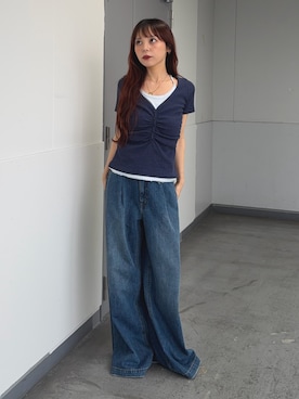 「SLY（スライ）のLAYERED LIKE CUT S/S TOPS レイヤードライクカットショートスリーブトップス 夏服 秋服（Tシャツ/カットソー、ブルー系）」を使った、永田紗也佳さん（レディース・156cm）の夏コーディネート