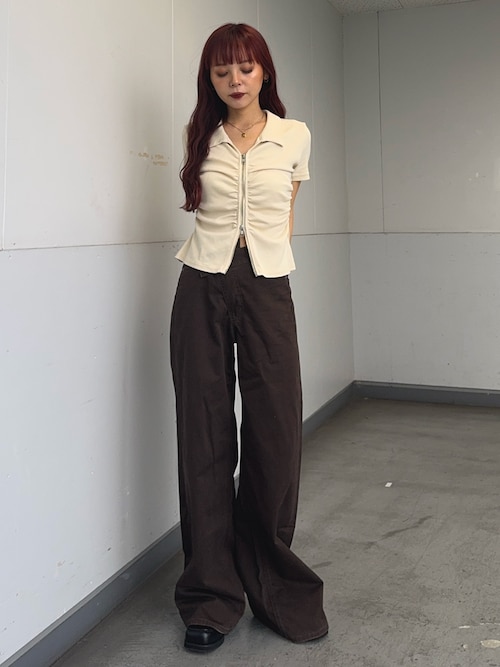 FRONT ZIP GATHER TOPS フロントジップ ギャザー トップス 半袖 秋服