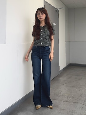 「SLY（スライ）の【2026SS新作】RANDOM STUDS MULE ランダムスタッズ ミュール（サンダル、ベージュ系）」を使った、永田紗也佳さん（レディース・156cm）の春コーディネート