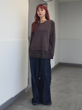 「SLY（スライ）のアイテム（パンツ）」を使った、永田紗也佳さん（レディース・156cm）の秋コーディネート