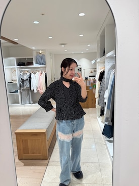 「mystic（ミスティック）のマルチリボンブラウス（トップス、ブラック系）」を使った、momoyoさん（レディース・158cm）の春コーディネート