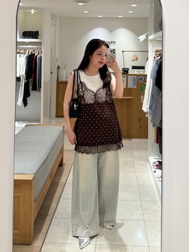 「mystic（ミスティック）のスリットサテンレースキャミ（キャミソール、ブラウン系）」を使った、momoyoさん（レディース・158cm）の夏コーディネート