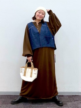 「niko and...（ニコアンド）のオリジナルリブワッチ（ニットキャップ/ビーニー、ベージュ系）」を使った、カワモトさん（レディース・162cm）の秋コーディネート