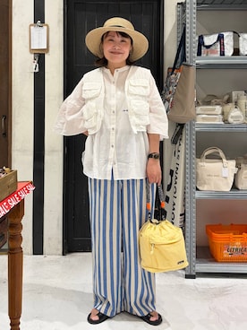 「niko and...（ニコアンド）のコード付きストローハット（ハット、ベージュ系）」を使った、カワモトさん（レディース・162cm）の夏コーディネート