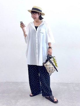 「niko and...（ニコアンド）のDRYクシュイージーパンツ（その他パンツ、グレー系）」を使った、カワモトさん（レディース・162cm）の夏コーディネート