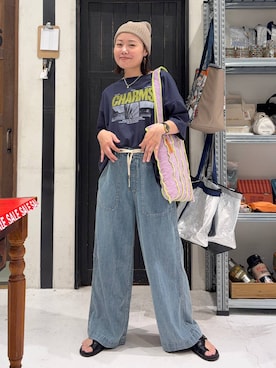 「niko and...（ニコアンド）のペーパー混サマーワッチ（ニットキャップ/ビーニー、ベージュ系）」を使った、カワモトさん（レディース・162cm）の夏コーディネート