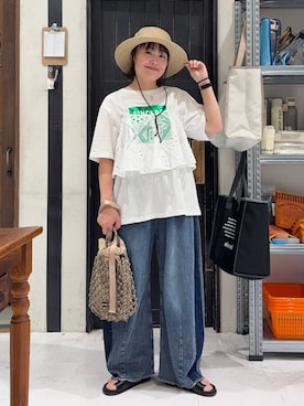 「niko and...（ニコアンド）のセルフカットカーブパンツ　デニムパンツ（デニムパンツ、ブルー系）」を使った、カワモトさん（レディース・162cm）の春コーディネート