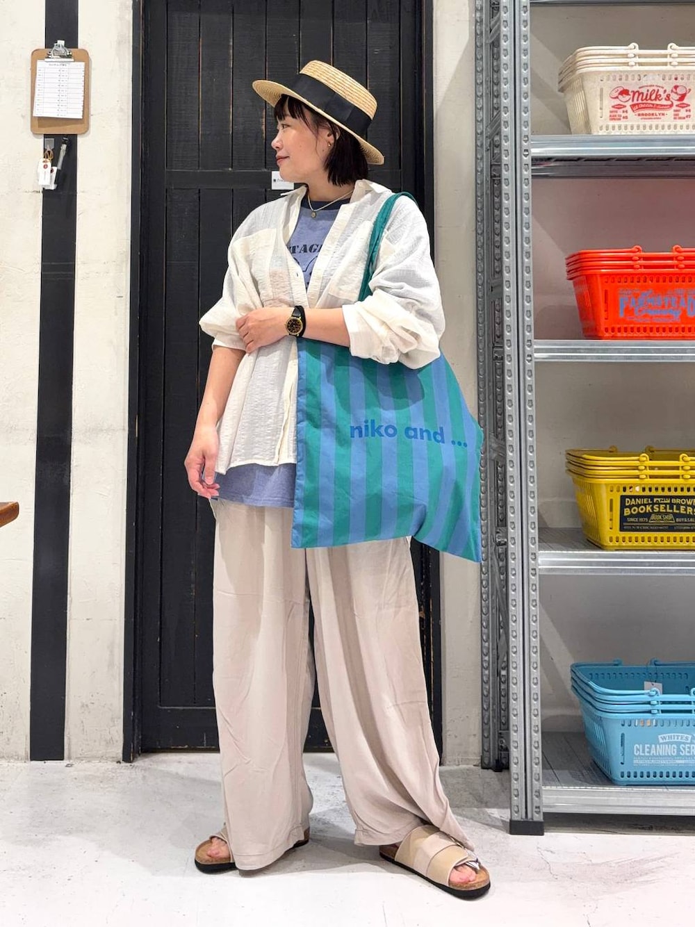 その他のトートバッグ、ブルー系のTシャツ/カットソー、ホワイト系のシャツ/ブラウスを着用したレディースの春コーディネートの1枚目の写真