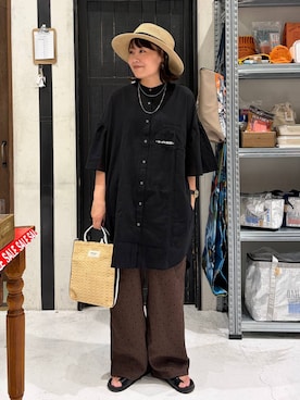 「niko and...（ニコアンド）のコード付きストローハット（ハット、ベージュ系）」を使った、カワモトさん（レディース・162cm）の夏コーディネート
