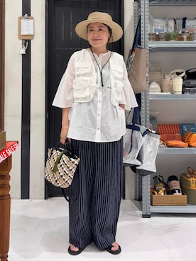 「niko and...（ニコアンド）のコード付きストローハット（ハット、ベージュ系）」を使った、カワモトさん（レディース・162cm）の夏コーディネート
