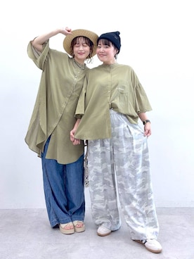 「niko and...（ニコアンド）のトロットカモフライージーパンツ（その他パンツ、グレー系）」を使った、カワモトさん（レディース・162cm）の夏コーディネート