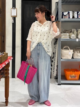 「niko and...（ニコアンド）のフーディーレースTシャツ（Tシャツ/カットソー、ベージュ系）」を使った、カワモトさん（レディース・162cm）の夏コーディネート