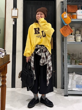 「niko and...（ニコアンド）のアソート リブ ワッチ（ニットキャップ/ビーニー、ブラウン系）」を使った、カワモトさん（レディース・162cm）の秋コーディネート
