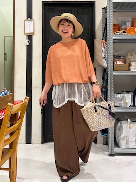 「niko and...（ニコアンド）のコード付きストローハット（ハット、ベージュ系）」を使った、カワモトさん（レディース・162cm）の夏コーディネート