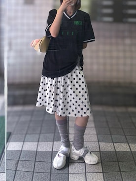 「ZOZOMESSE（ゾゾメッセ）のGAME SHIRT（シャツ/ブラウス、ブラック系）」を使った、麺さん（レディース・162cm）の春コーディネート