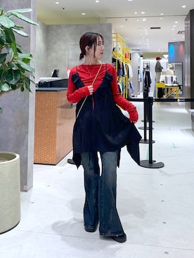 「PAGEBOY（ページボーイ）のスリムレッグフレアデニム【4color/4size】（デニムパンツ、ブルー系）」を使った、manaさん（レディース・153cm）の春コーディネート