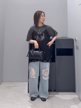 「LOWRYS FARM（ローリーズファーム）のレースデニム　601055（デニムパンツ、ブルー系）」を使った、manaさん（レディース・153cm）の夏コーディネート