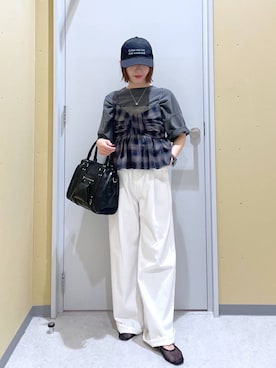 「LAKOLE（ラコレ）のロゴ刺繍キャップ / 495366（キャップ）」を使った、manaさん（レディース・153cm）の夏コーディネート