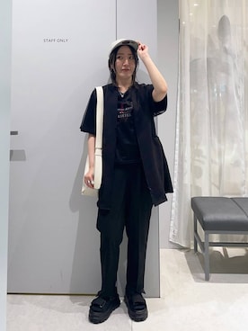 「GLOBAL WORK（グローバルワーク）のウツクシルエットDRYテーパードパンツ/636544（その他パンツ、ブラック系）」を使った、manaさん（レディース・153cm）の春コーディネート