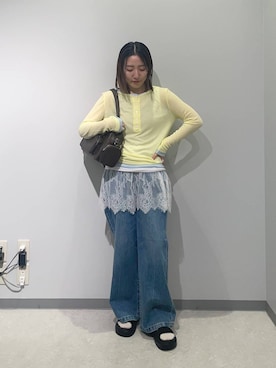 「GLOBAL WORK（グローバルワーク）のGOODデニムイージーパンツ/498394（デニムパンツ、ブルー系）」を使った、manaさん（レディース・153cm）の春コーディネート