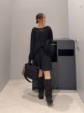 「BAYFLOW（ベイフロー）のモールネップシアーニットロングスリーブ（ニット/セーター、ブラック系）」を使った、manaさん（レディース・153cm）の秋コーディネート