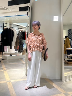 「NOLLEY’S（ノーリーズ）の【Import Fabric】ウォッシャブル楊柳リーフ柄フリルブラウス（シャツ/ブラウス、ブラウン系）」を使った、uki_nolさん（レディース・150cm）の夏コーディネート