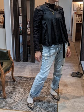 「H&M（エイチ・アンド・エム）のアイテム（デニムパンツ、ブルー系）」を使った、leemiesuさん（レディース・171cm）の秋コーディネート
