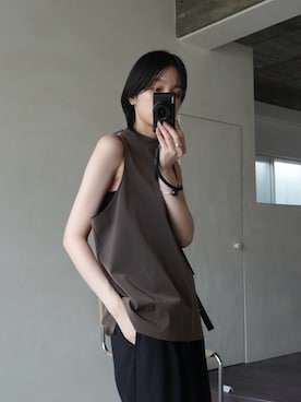 「RIM.ARK（リムアーク）のBottle neck oversized tunic(ボトルネック オーバーサイズド チュニック)（その他トップス、ブラウン系）」を使った、RIM.ARK staffさん（レディース・160cm）の夏コーディネート