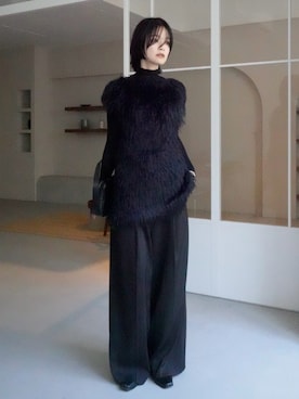 「RIM.ARK（リムアーク）のFuzzy Knit Tunic Vest(ファジー ニット チュニック ベスト)（ベスト、ブラック系）」を使った、RIM.ARK staffさん（レディース・172cm）の秋コーディネート