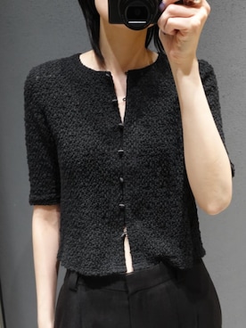 「RIM.ARK（リムアーク）のShirring lace compact tops シャーリングレース コンパクト トップス（ニット/セーター、ブラック系）」を使った、RIM.ARK staffさん（レディース・170cm）の春コーディネート