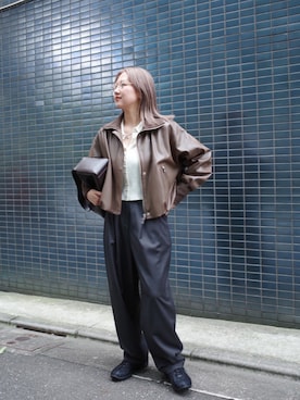 「RIM.ARK（リムアーク）の【25WINTER PRE ORDER】 Synthetic leather short JK シンセティックレザーショートジャケット（ブルゾン）」を使った、RIM.ARK staffさん（レディース・158cm）の夏コーディネート