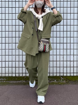 「アイテム（セットアップ、グリーン系）」を使った、kahoさん（レディース・155cm）の春コーディネート