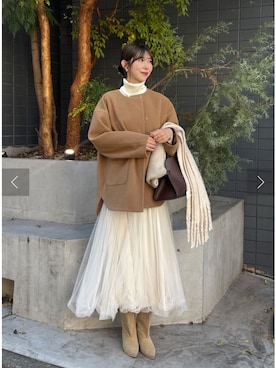 「アイテム（ノーカラーコート）」を使った、yurie02082813さん（レディース・163cm）の冬コーディネート