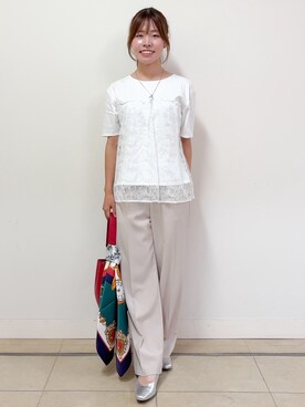 「Reflect（リフレクト）の【UVカット／接触冷感／手洗い可】ラッセルレースプルオーバー（Tシャツ/カットソー、ホワイト系）」を使った、nikoniko0901さん（レディース）の夏コーディネート