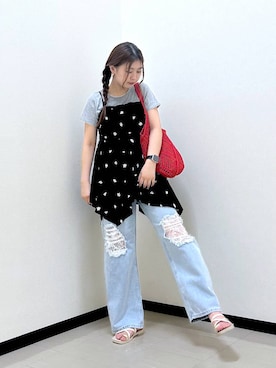 「LOWRYS FARM（ローリーズファーム）のレースデニム　601055（デニムパンツ、ブルー系）」を使った、もっちゃんさん（レディース・156cm）の夏コーディネート