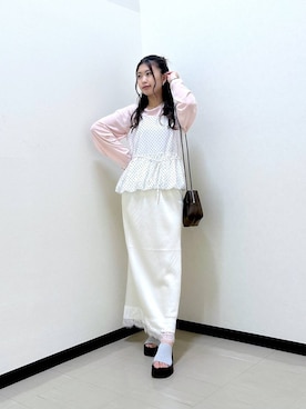 「LOWRYS FARM（ローリーズファーム）のＵＳＥＦＵＬシアープルオーバー　580950（Tシャツ/カットソー、ピンク系）」を使った、もっちゃんさん（レディース・156cm）の春コーディネート