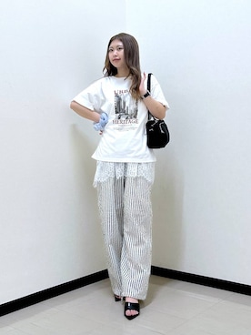 「LOWRYS FARM（ローリーズファーム）のサテンレースキャミ 664226（Tシャツ/カットソー、ホワイト系）」を使った、もっちゃんさん（レディース・156cm）の夏コーディネート
