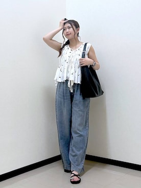 「LOWRYS FARM（ローリーズファーム）のヤワラカルイ２ＷＡＹショルダーＢＡＧ 115210（ショルダーバッグ、ブラック系）」を使った、もっちゃんさん（レディース・156cm）の夏コーディネート