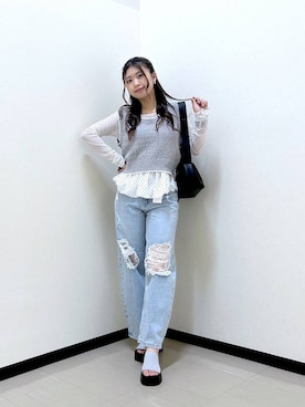 「LOWRYS FARM（ローリーズファーム）のレースデニム　601055（デニムパンツ、ブルー系）」を使った、もっちゃんさん（レディース・156cm）の春コーディネート
