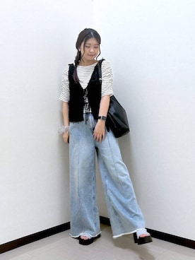 「LOWRYS FARM（ローリーズファーム）のヤワラカルイ２ＷＡＹショルダーＢＡＧ 115210（ショルダーバッグ、ブラック系）」を使った、もっちゃんさん（レディース・156cm）の春コーディネート